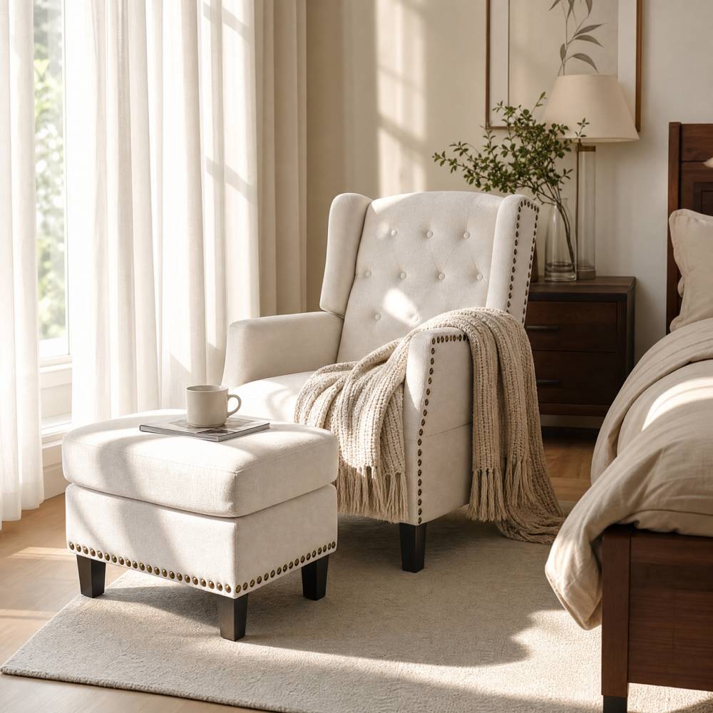 Fabric Upholstered Sofa Pushback Reclining Chair Armchair With Footstool | White