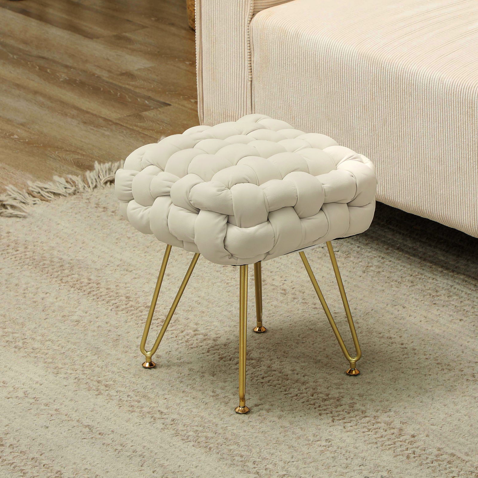 Woven Velvet Foot Stool With Steel Legs For Living Room | One Size | Cream