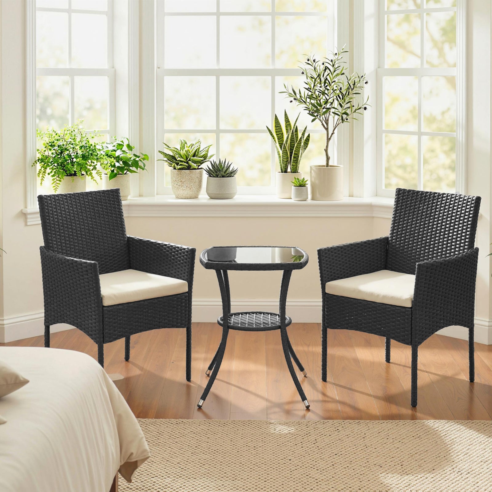 3 Piece Rattan Bistro Set With 2 Tier Glass-top Table, Chairs | White