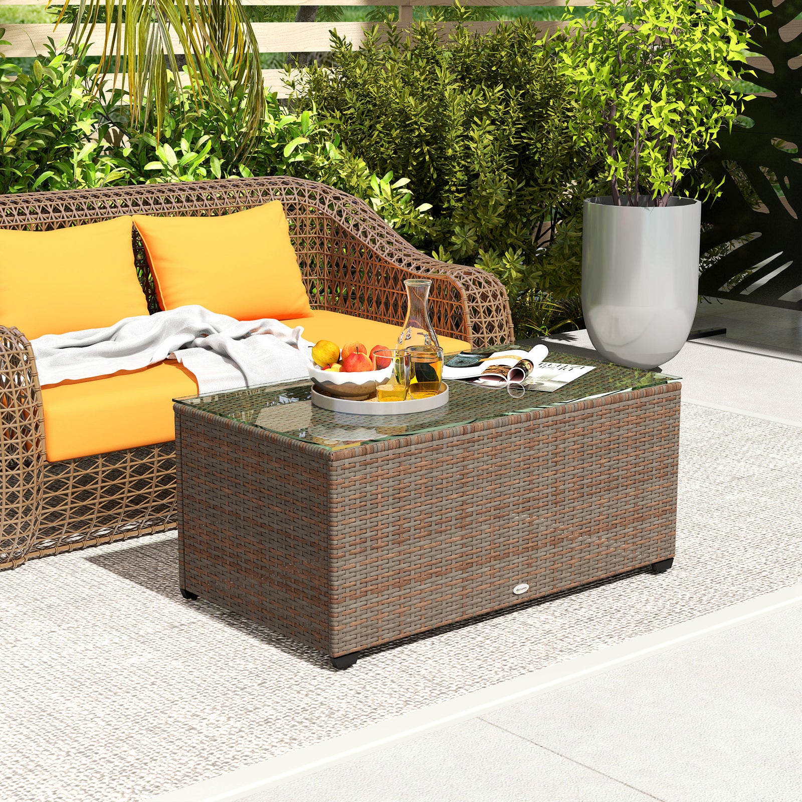Outdoor Coffee Table, Glass Top Rattan Side Table | Brown