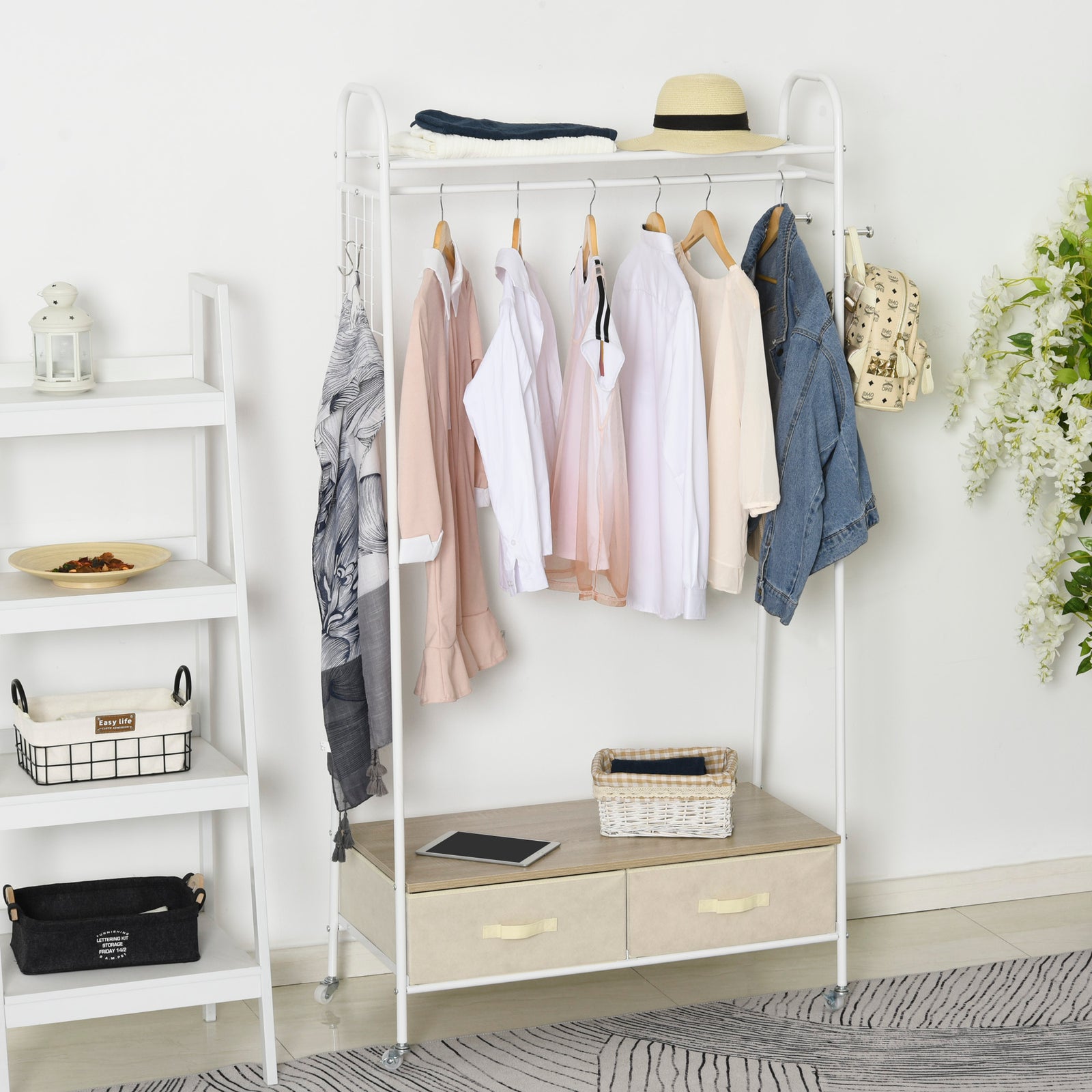 Rolling Coat Rack Clothes Stand Garment Storage Shelf