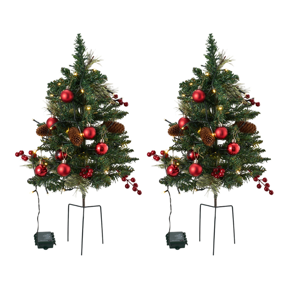 Set Of 2 Led Christmas Trees Artificial Pine With Red Berries, Baubles & Pinecones, 8 Lighting Modes, Timer Function
