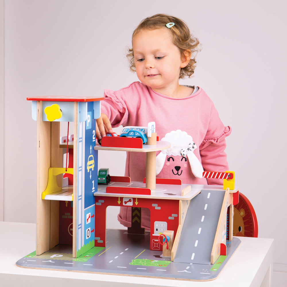 Wooden Park And Play Garage Playset, With Working Lift