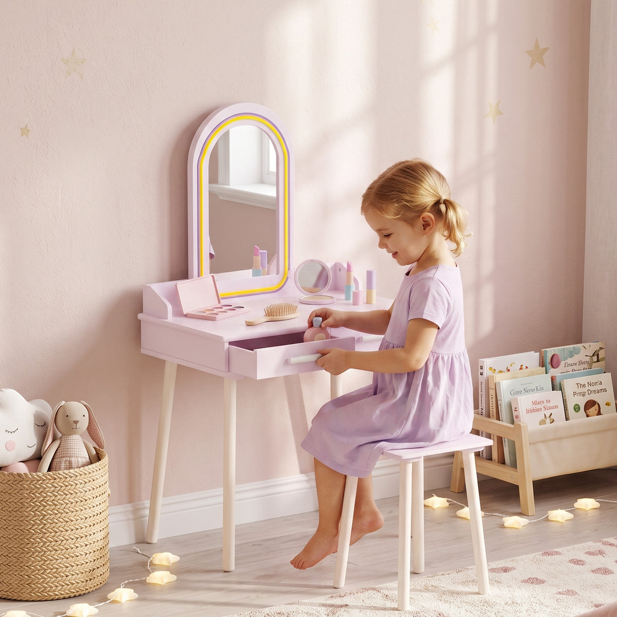 AIYAPLAY Kids Dressing Table With Stool, 3-colour Led Lights Mirror, Drawer
