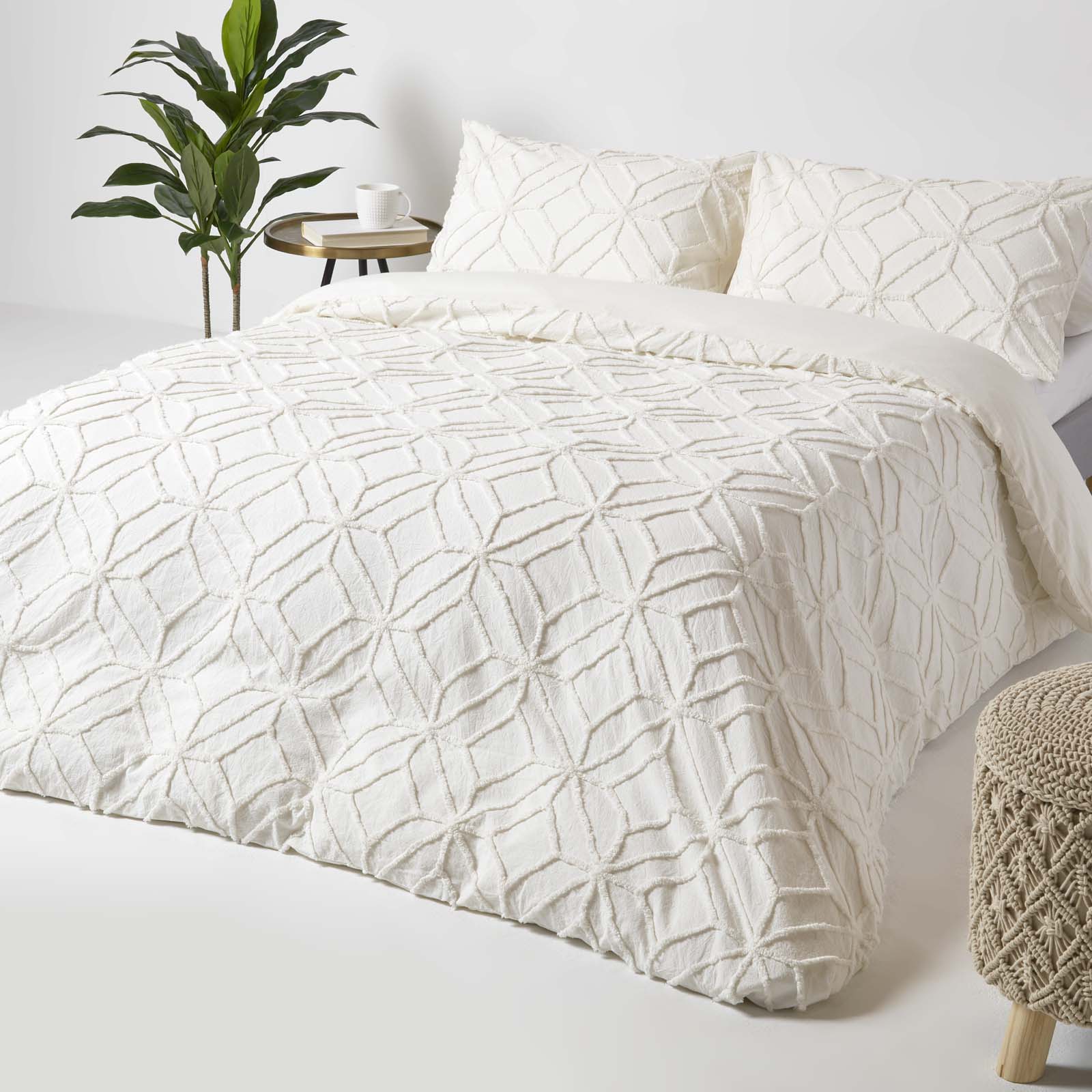 Diamond Cotton Tufted Duvet Cover Set | Super King | White