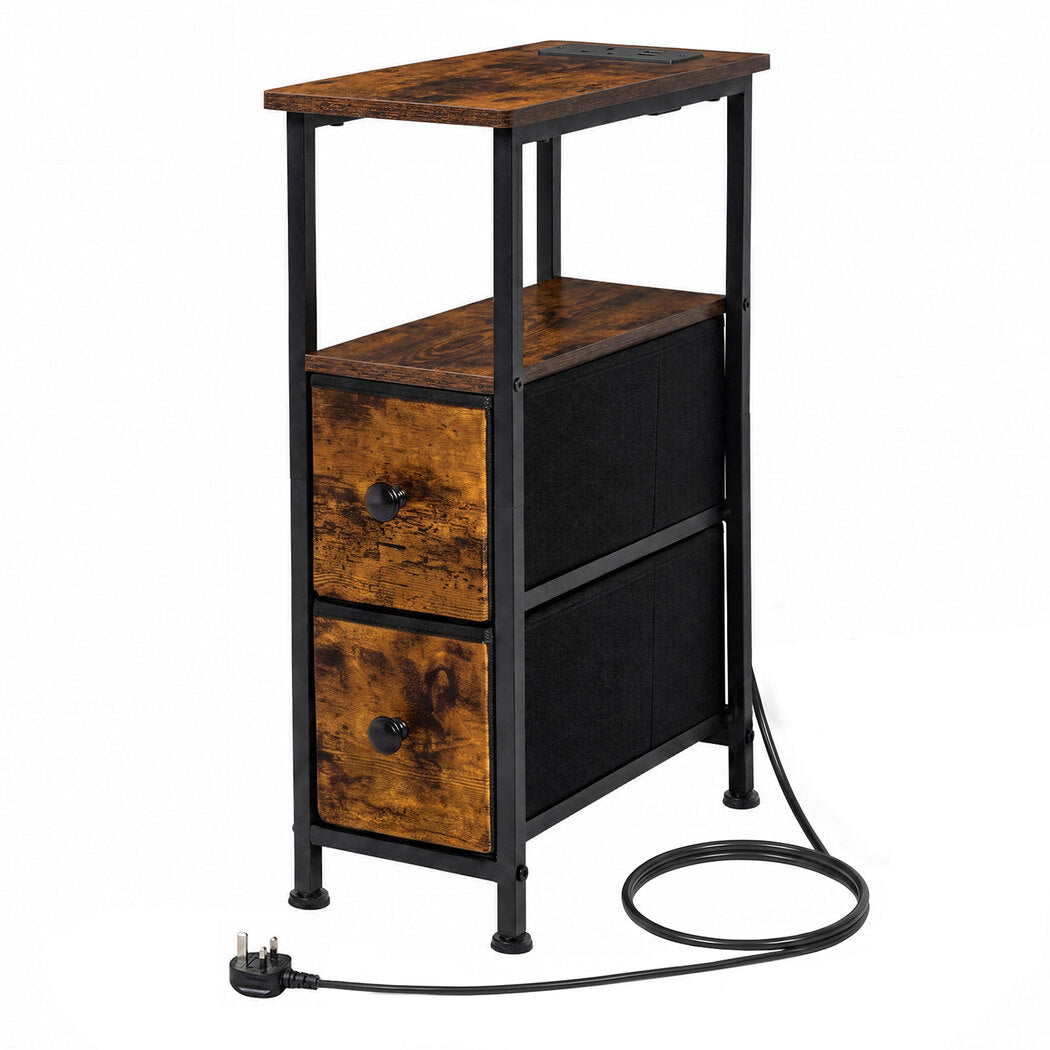 Bedside Table Narrow Side Table With Led Charging Station Storage Brown | Brown