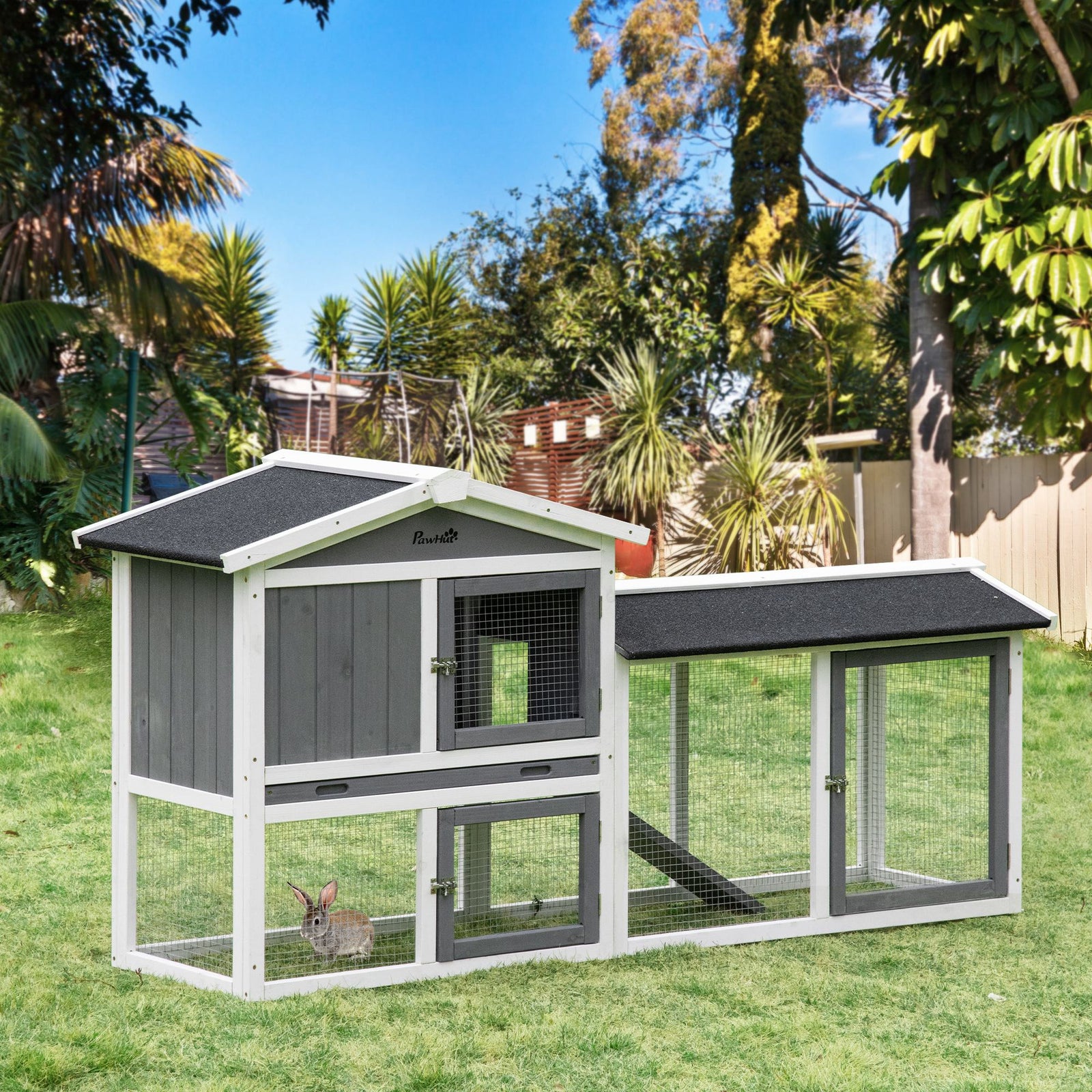 Two-tier Wooden Rabbit Hutch W/ Run Box, Slide-out Tray, Ramp 
White