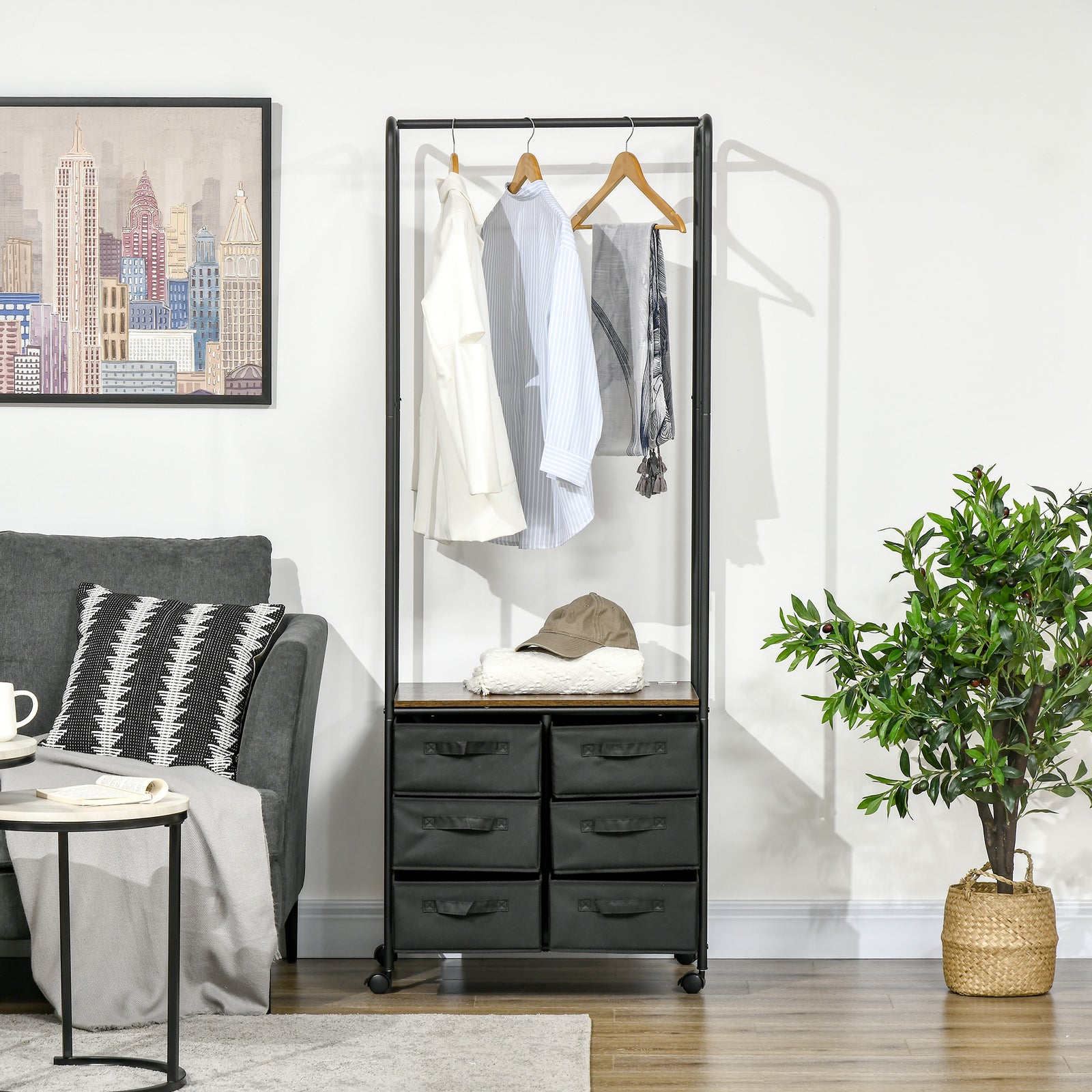 Hanging Clothes Rail Clothes Rack W/ 6 Fabric Drawers