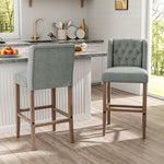 Elegant Set Of 2 Bar Stools Linen Tufted With Wood Legs & Low Back | Light Grey