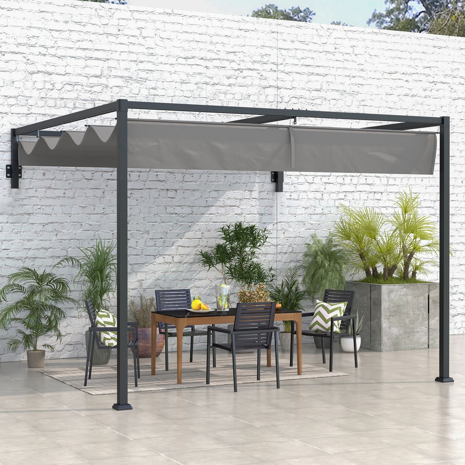 Wall Mounted Pergola With Retractable Sun Shade Canopy | Medium | Dark Gray