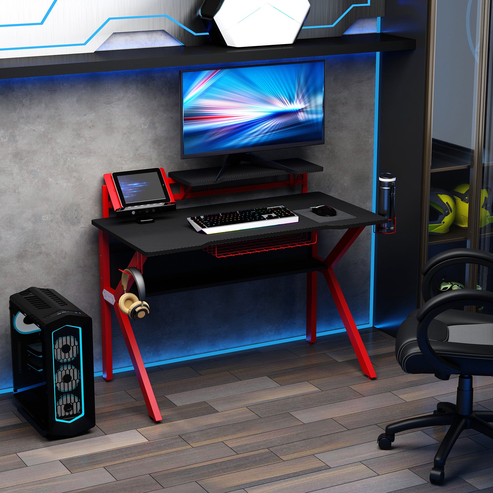 Gaming Desk Table W/ Cup Holder Basket Red