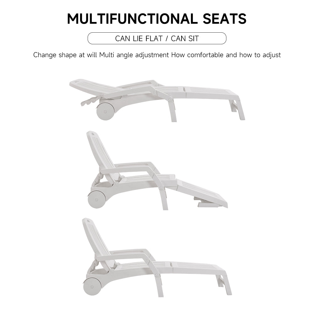 Outdoor Folding Lounge Chair Recliner With Wheels | White