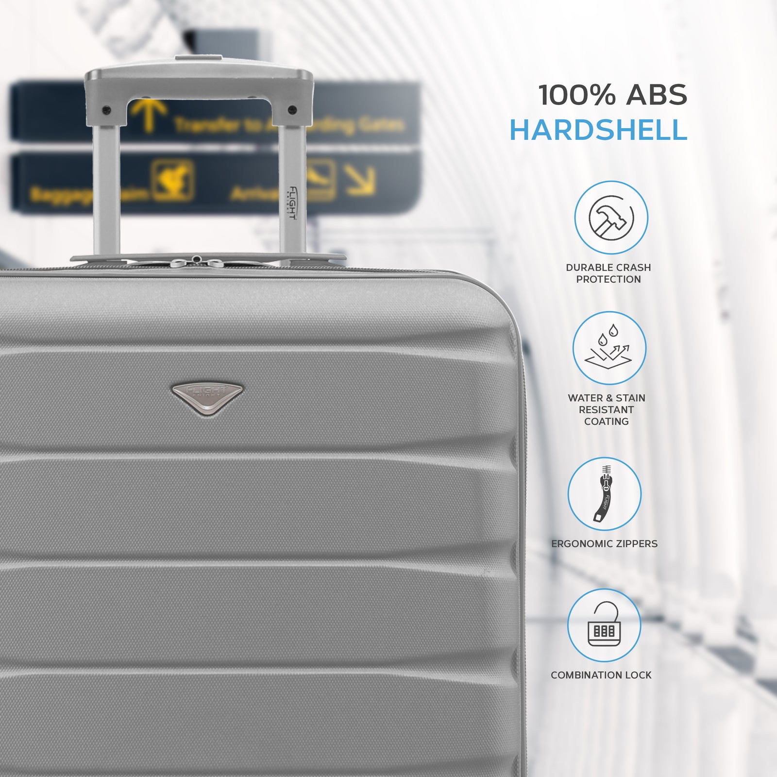56x45x25cm Large Cabin Carry On Case - Overhead Luggage Suitcase - 4 Spinner Wheels - Abs Shell | 56 x 45 x 25cm | Silver