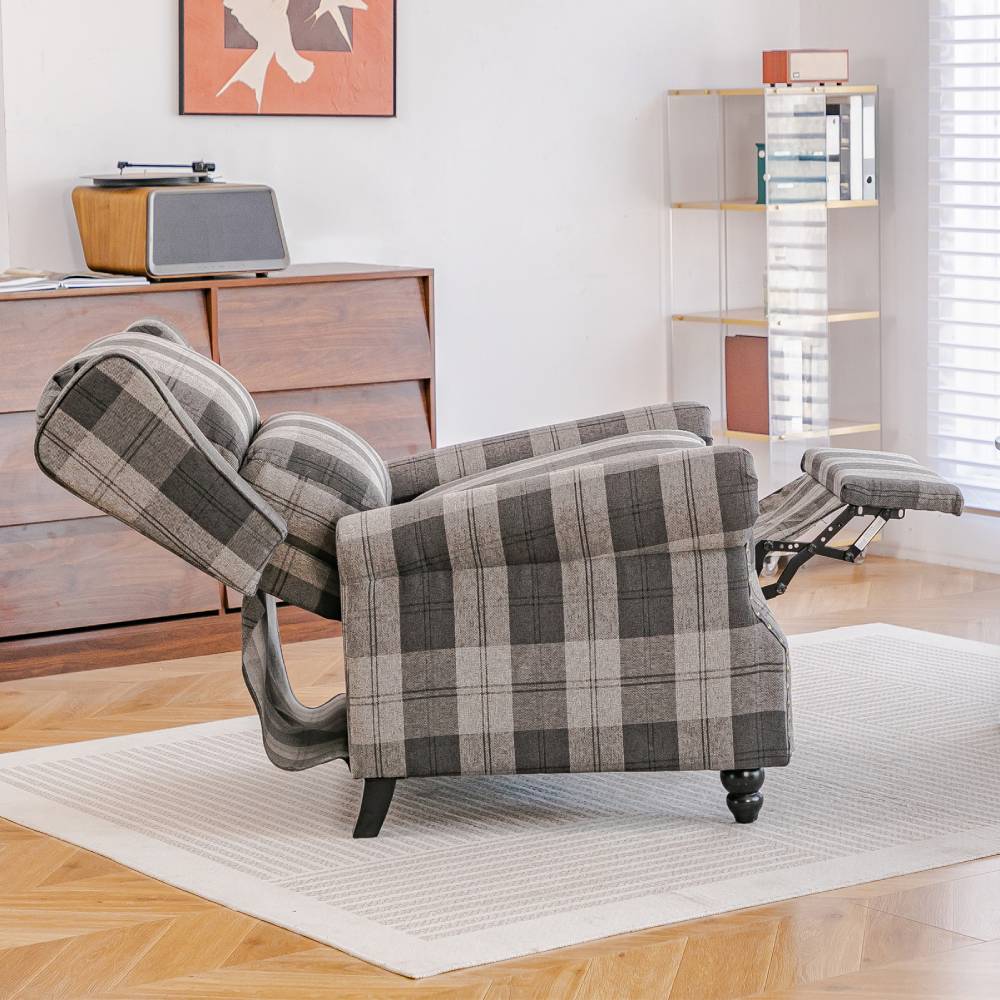 Gray Checkered Retro Fabric Upholstered Sofa Pushback Reclining Chair Armchair