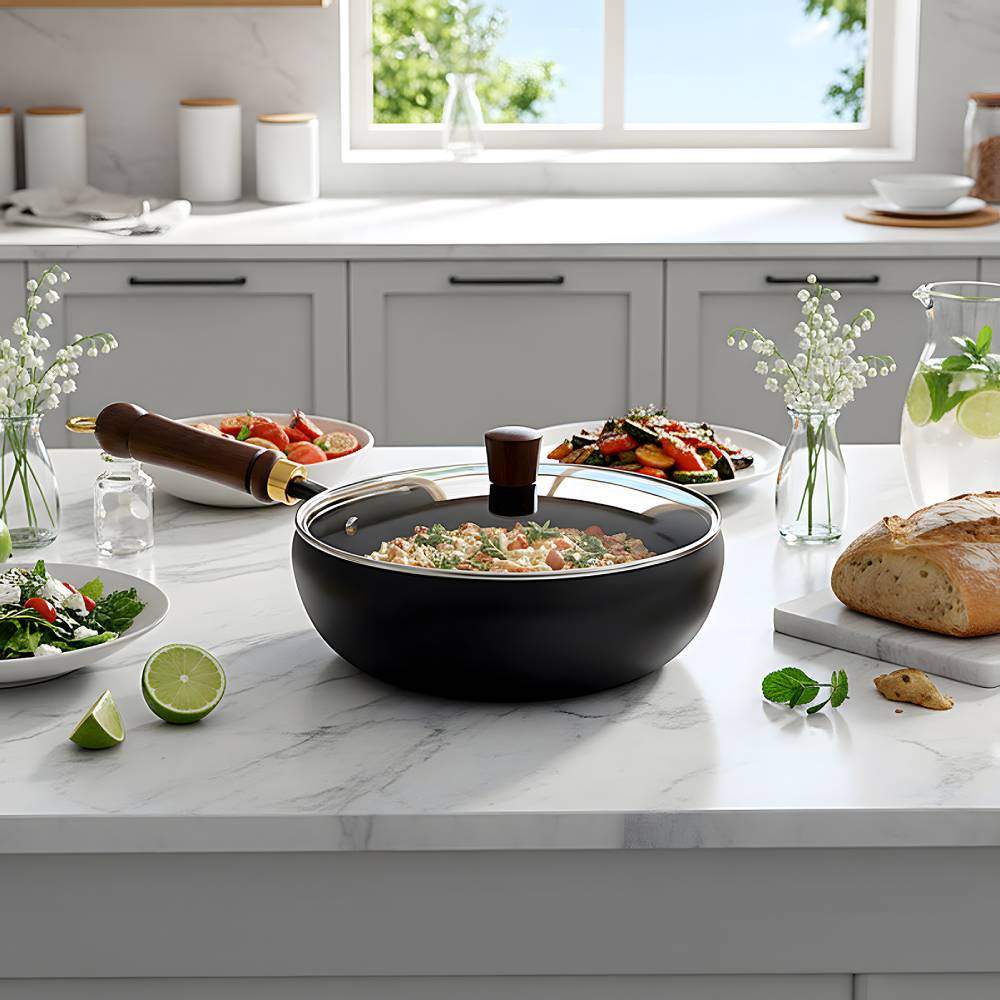 Long-handle Iron Deep Wok Pan With Lid | 28cm