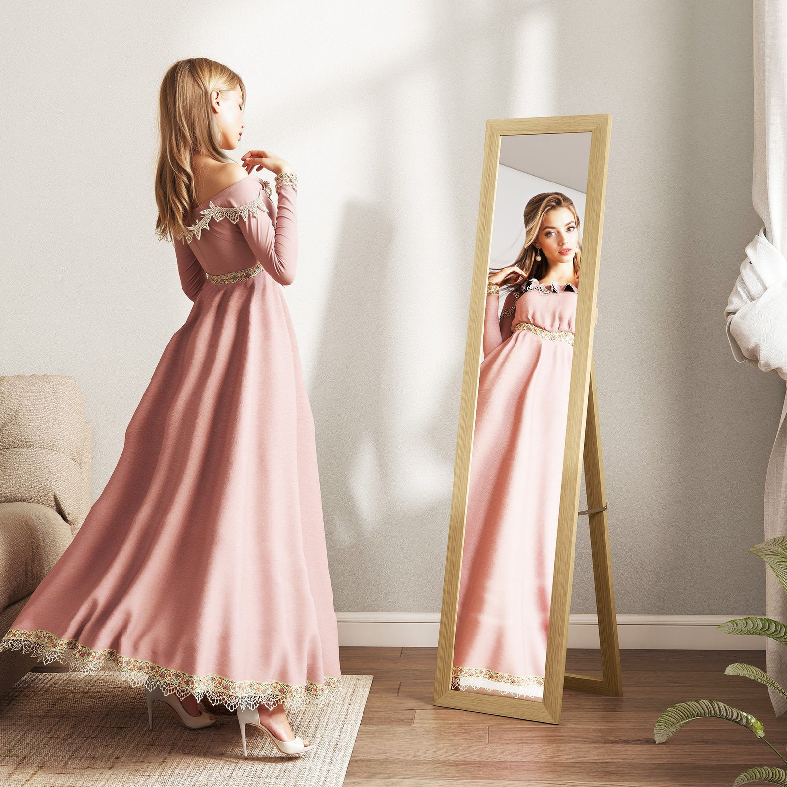 37 X 157 Cm Full Length Mirror With Frame For Bedroom | Natural