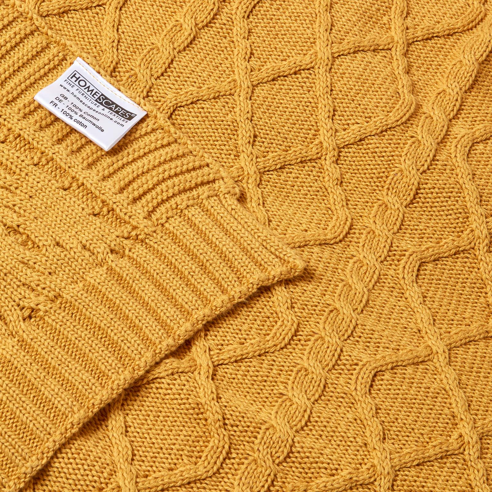 Cable Knit Diamond Pattern Cotton Throw | 150cm x 200cm | Mustard