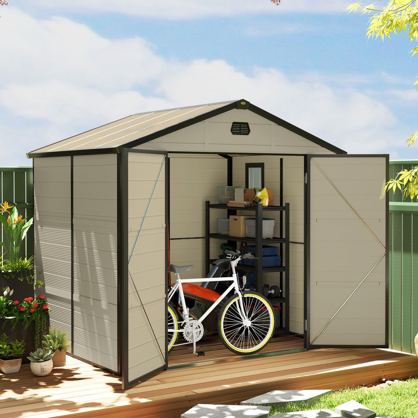 Garden Shed Tool Storage House W/ Lockable Door, Foundation