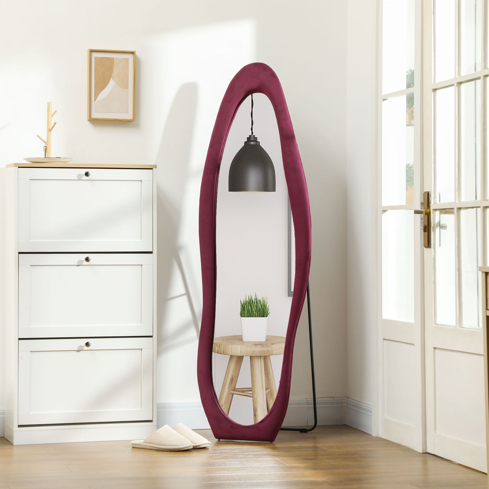 Irregular Full Length Mirror with Velvet Frame 160 x 50cm | One Size | Red