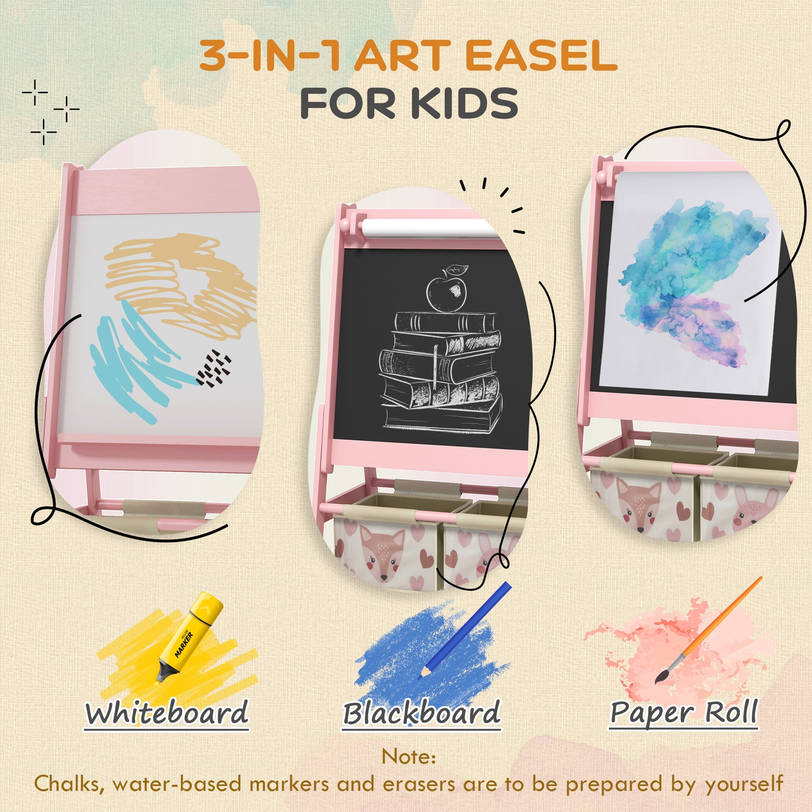 Kids Easel With Paper Roll, Blackboard, Whiteboard, Storage | Pink