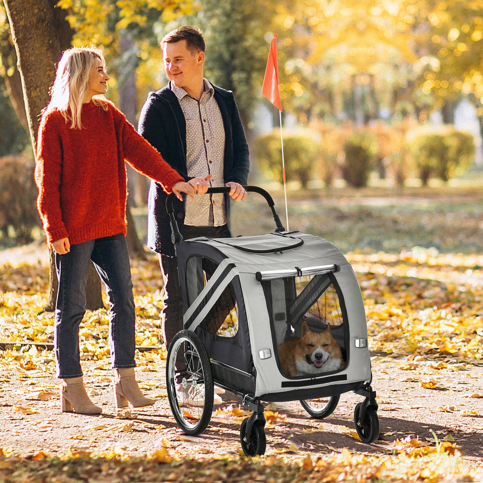 Pawhut 2-in-1 Dog Bike Trailer Stroller W/ Universal Wheel Reflector Flag | Gray