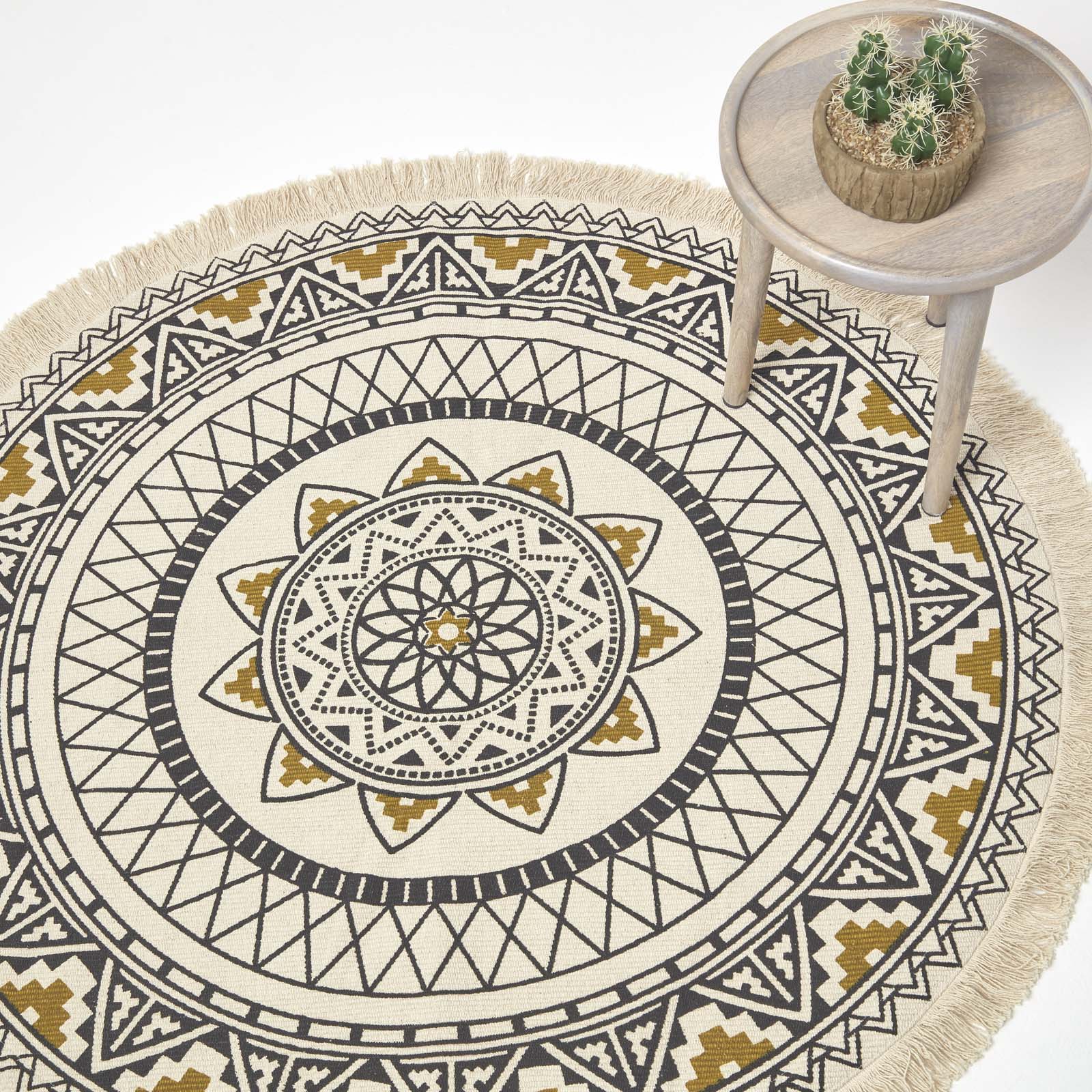 Mandala Printed 100% Cotton Round Rug | 140cm | Black & Gold