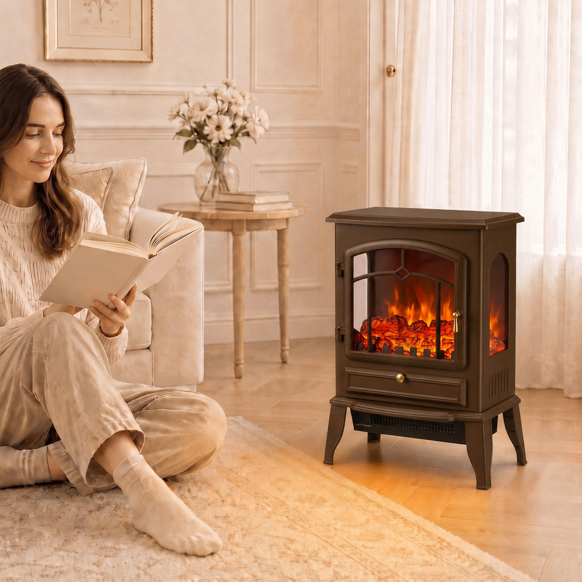 Electric Fireplace Stove With Realisric Log Flame Effect | Brown