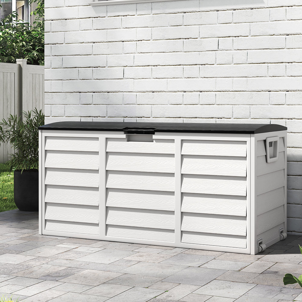 290l Large Waterproof Outdoor & Indoor Storage Box With Wheels – Flip-top Lid, Wood-grain Effect, Ventilated Plastic Container | Black & White