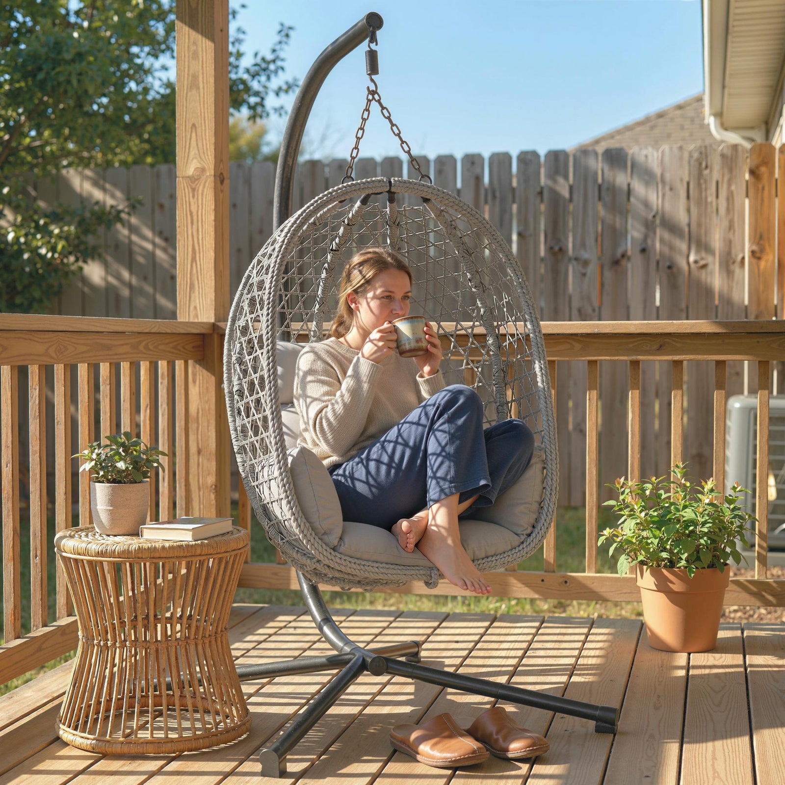 Hanging Egg Chair, Rattan Swing Chair With Stand | Light Grey
