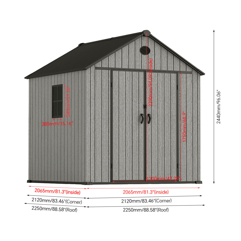 7.38 × 7.38 Ft Garden Tool Shed With Apex Roof & Combination Lock – Heavy-duty Grey Wood Grain Outdoor Storage Shed With Floor, Window & Ventilation Panels