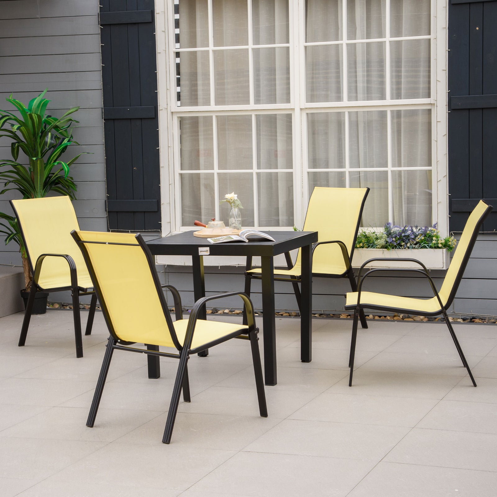 Set Of 4 Garden Dining Chair Set Outdoor W/ Back Armrest | Beige