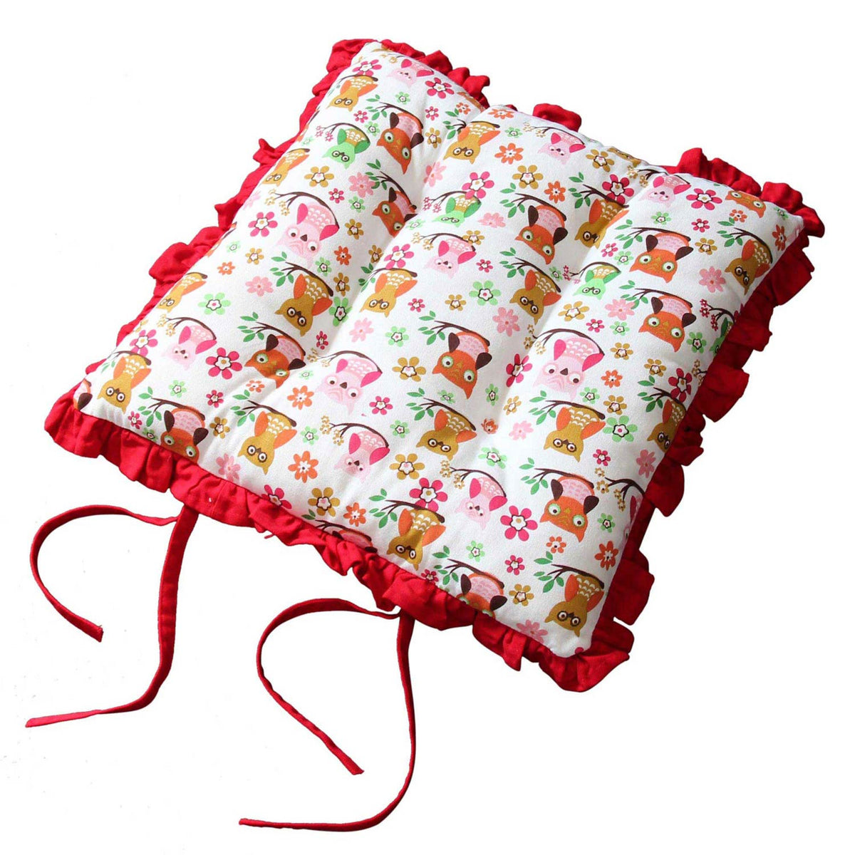 HOMESCAPES Reversible Red Frilled Cushion Seat Pad With Ties Owls