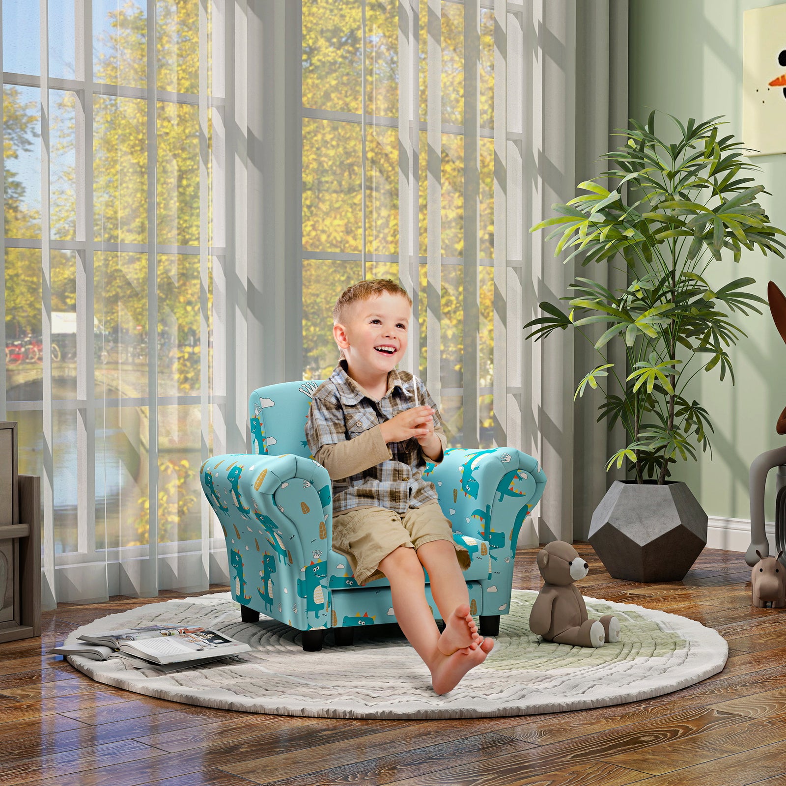 2 Piece Kids Sofa Set With Dinosaur Design, For Nursery | Blue