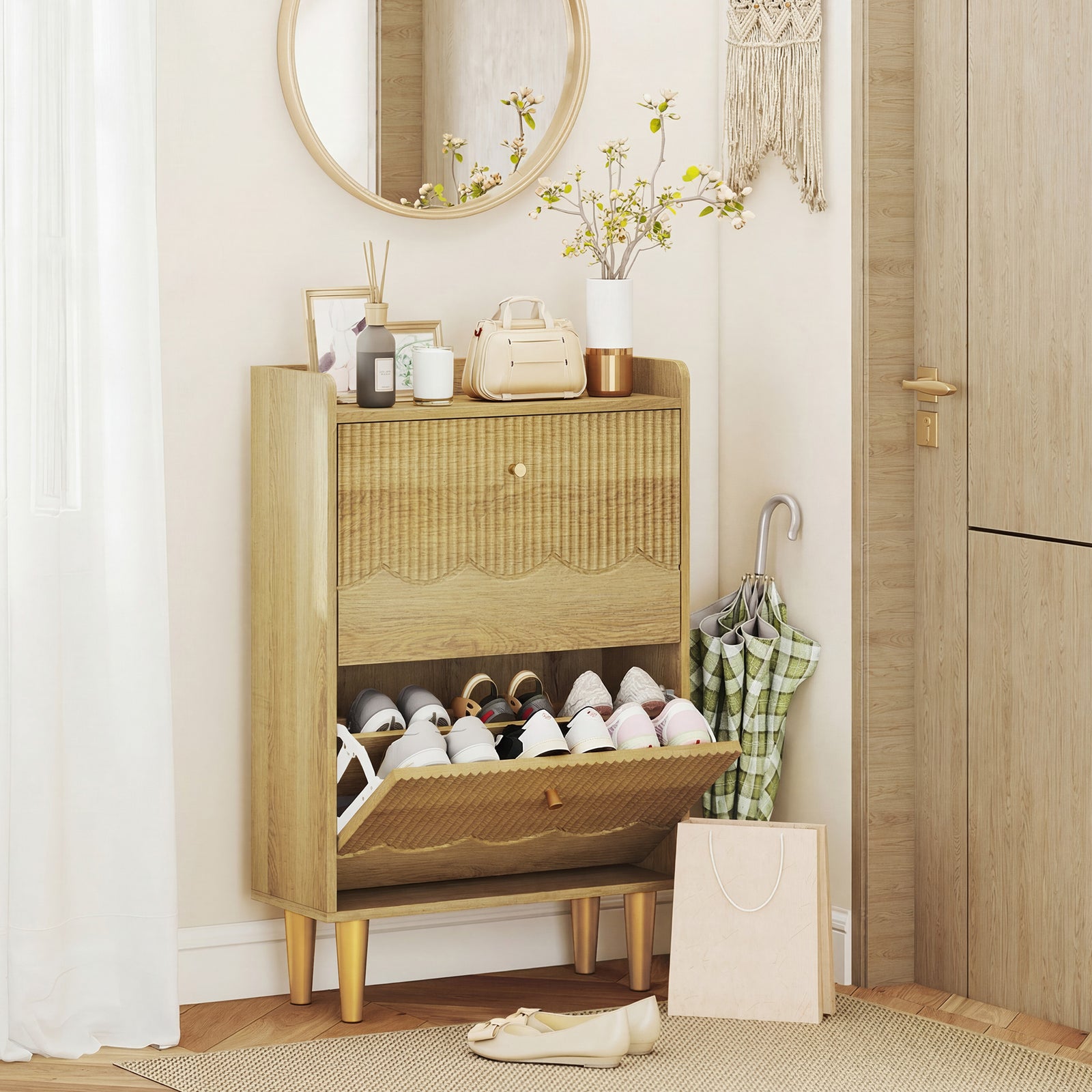 Narrow Shoe Cabinet, Shoe Storage Cabinet With Flip Drawers, Oak | M | Oak