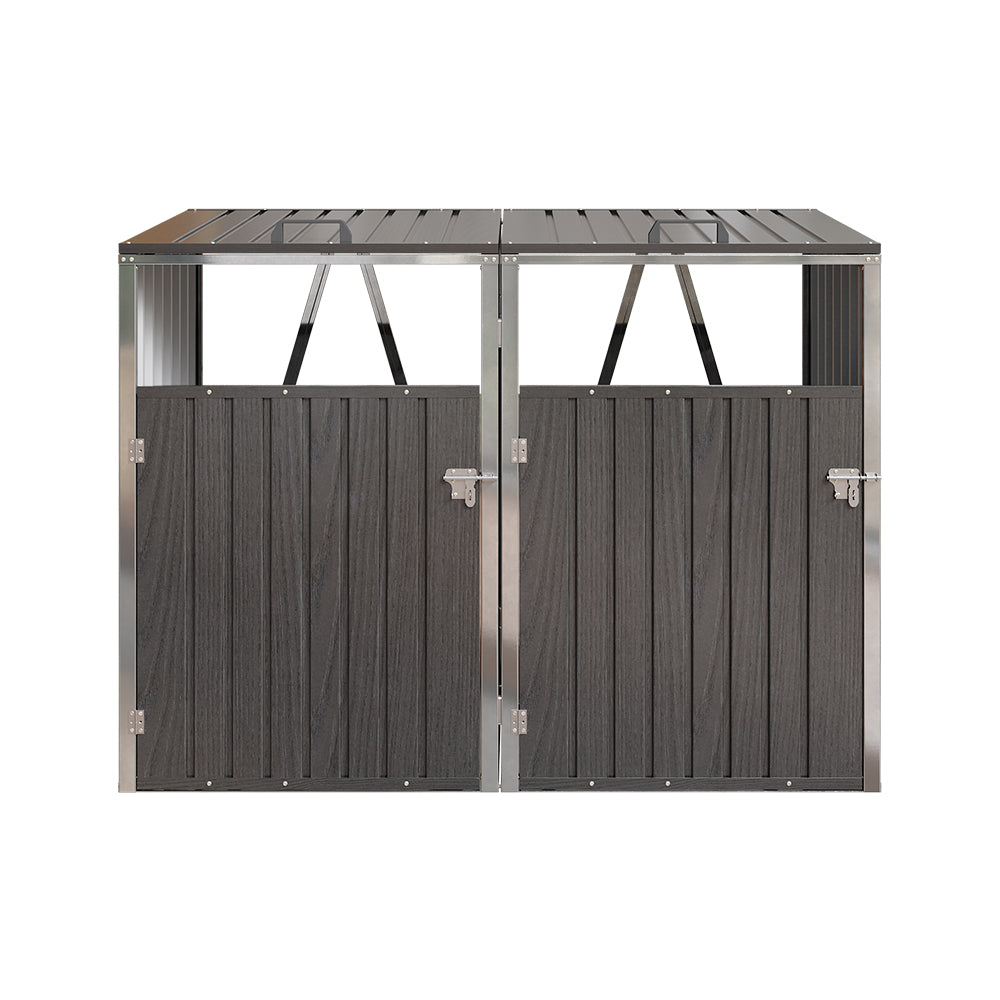 2 Bin Storage Shed – Heavy-duty Galvanized Steel Outdoor Bin Store With Lift-up Lids & Lockable Doors | Mixed Grey