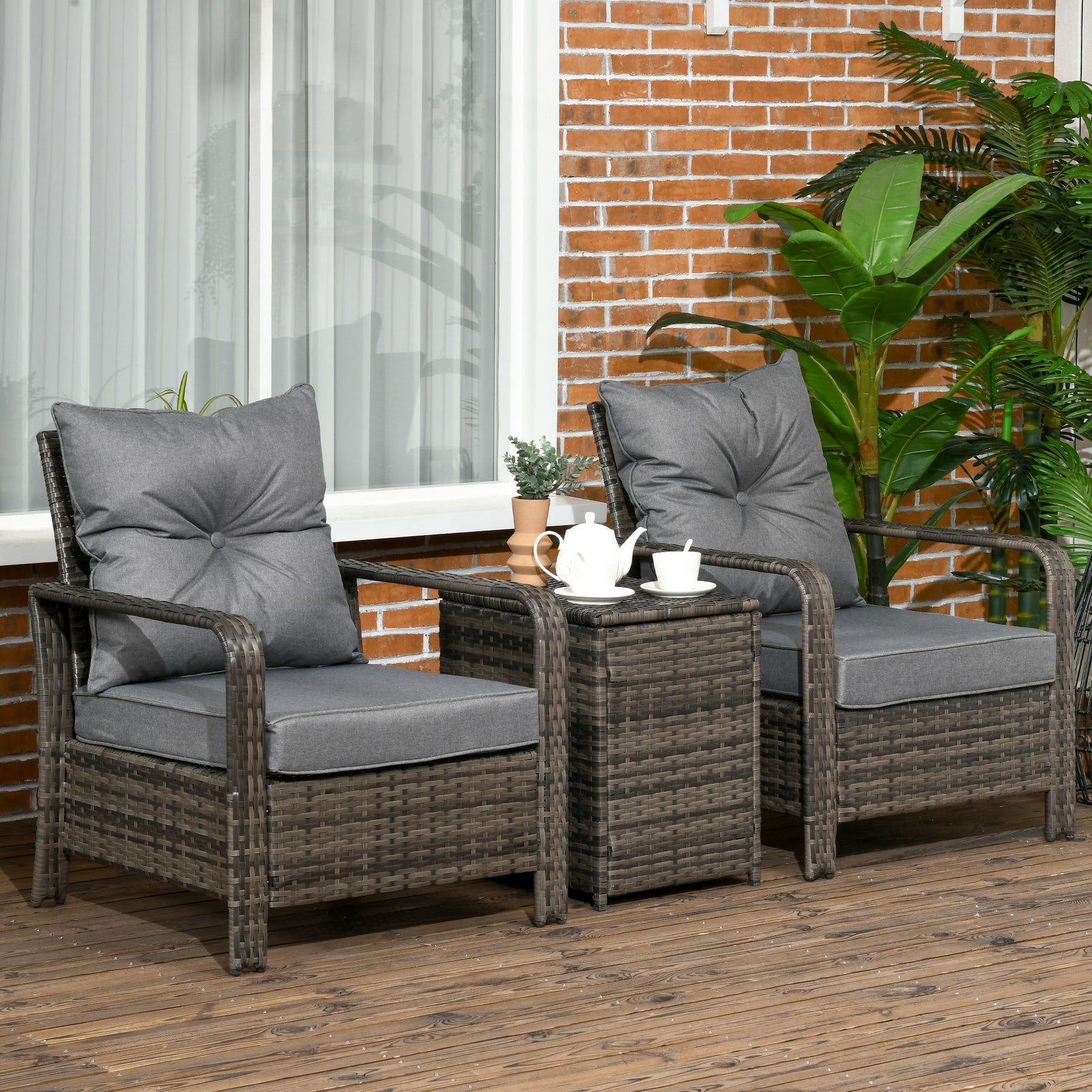 3 Pcs Pe Rattan Garden Sofa Set W/ 2 Chairs & Storage Table | Gray