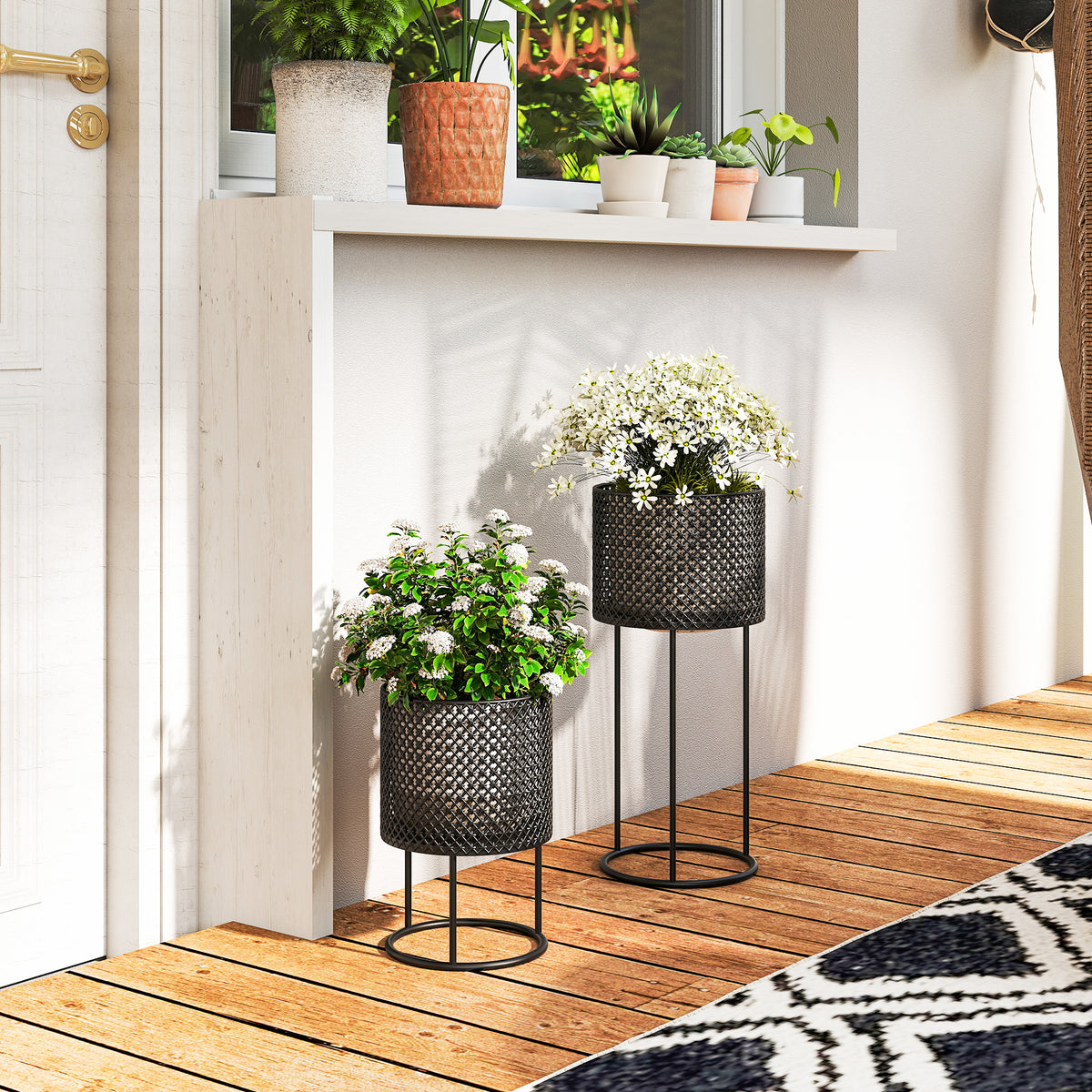 Outsunny Metal Plant Pots Flower Planters Set Of 2 For Indoor Outdoor Black