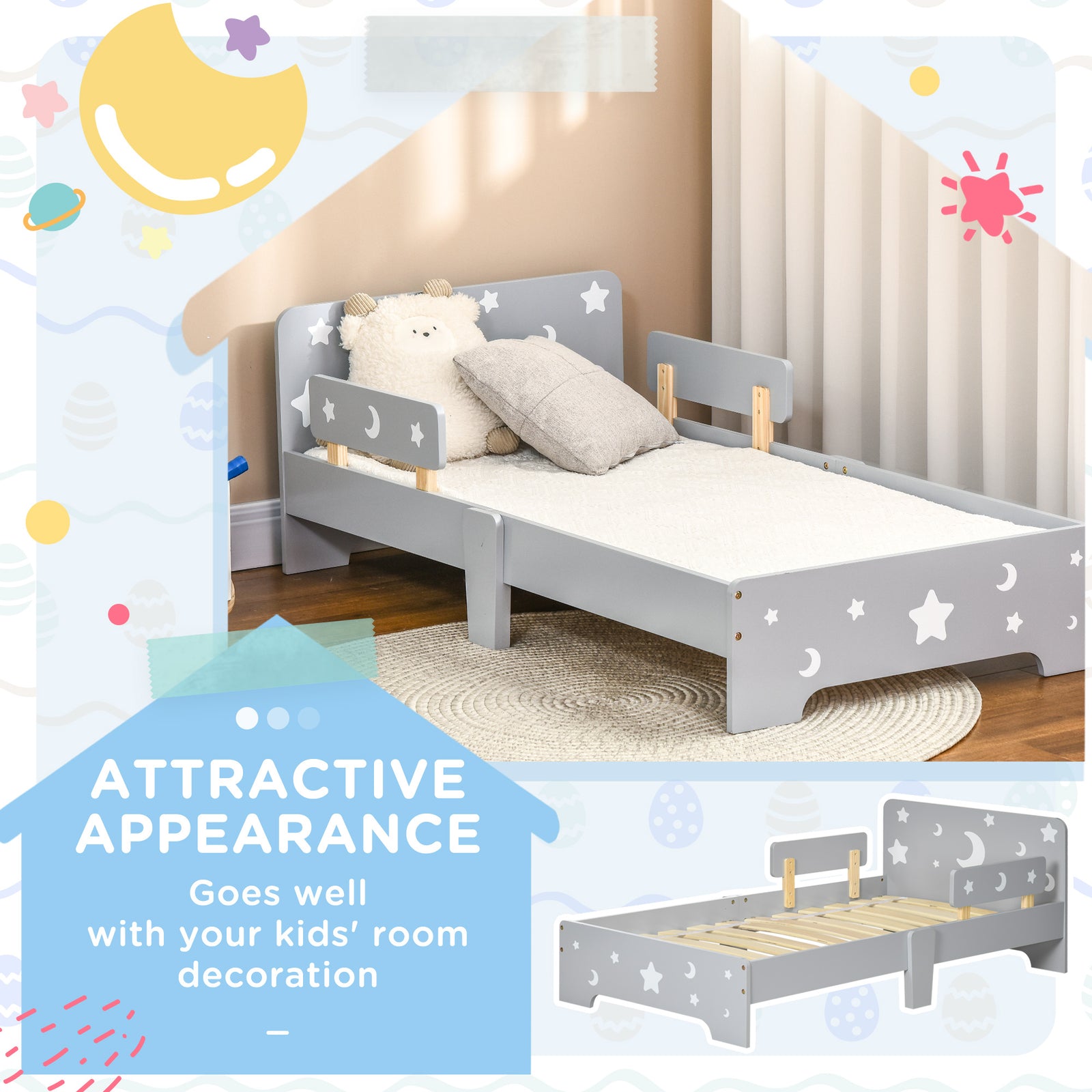 Kids Toddler Bed With Star And Moon Patterns, For Ages 3-6 Years - Grey