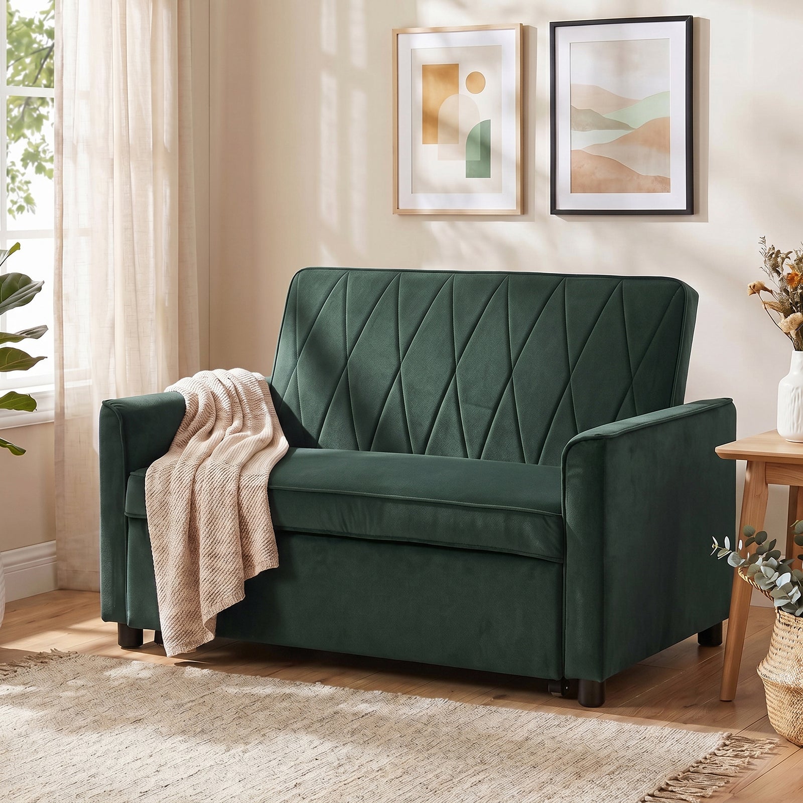 2 Seater Sofa Bed, 3-in-1 Velvet Pull Out Sleeper Sofa | Dark Green