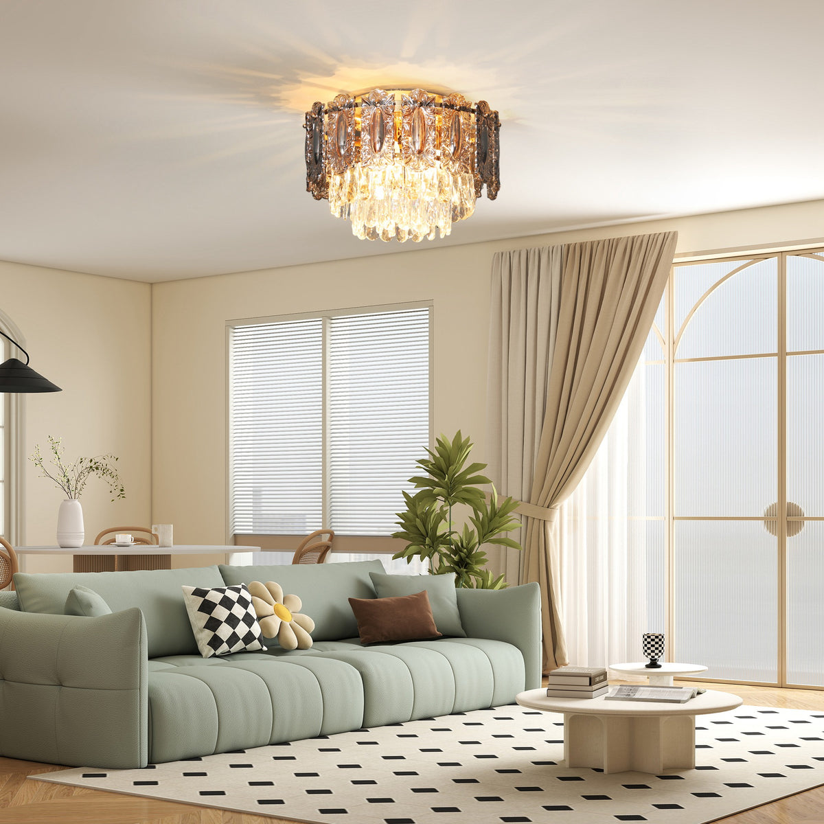 HOMCOM Vintage Ceiling Light With Dual Crystal And Smoke Glass Shade, Gold