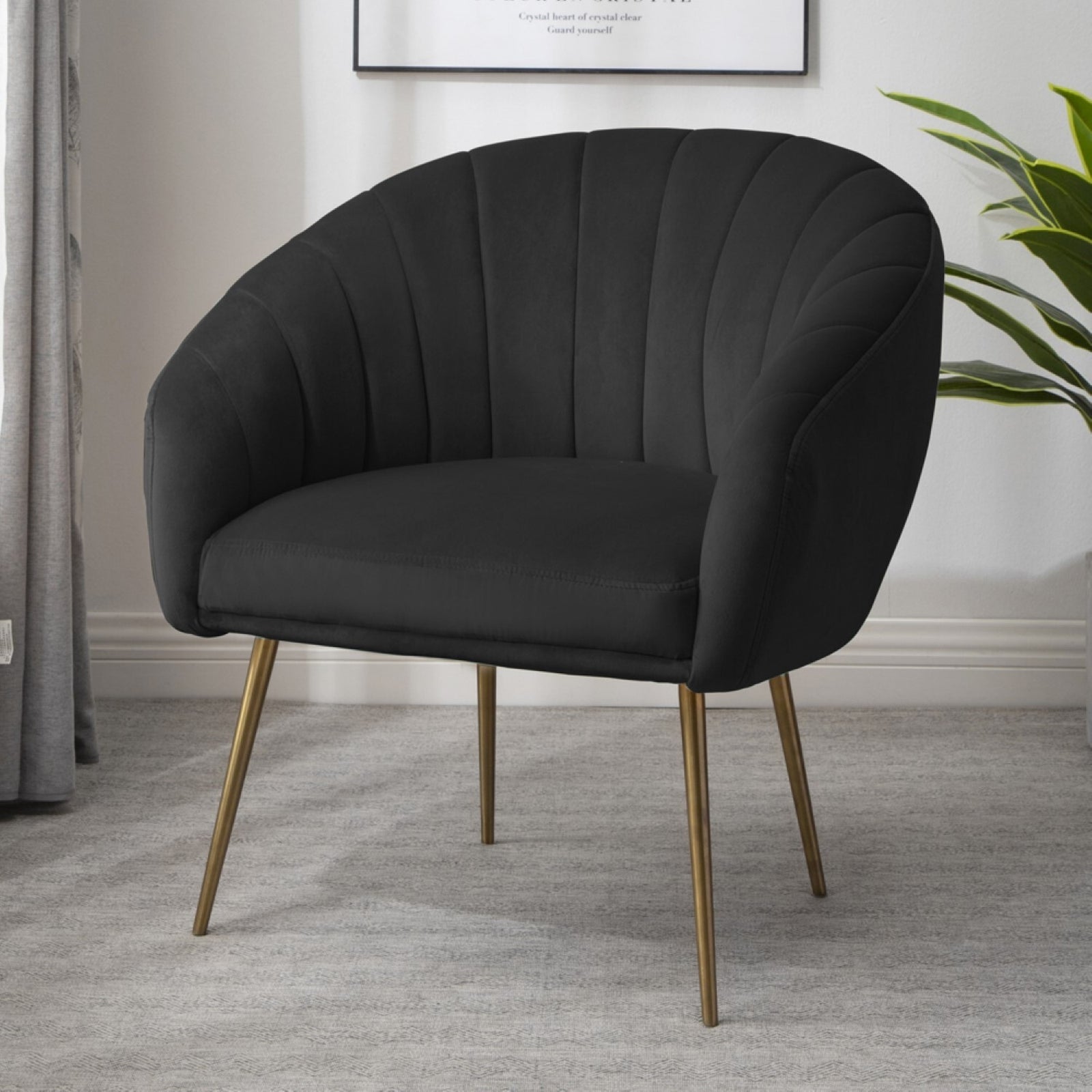 Helena 74cm Wide Shell Back Velvet Fabric Accent Chair With Brass Coloured Steel Legs | Black