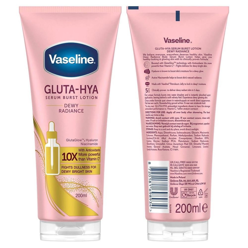 Vaseline Gluta-hya Dewy Radiance Serum Lotion 200ml & Rosy Lips Therapy 20g