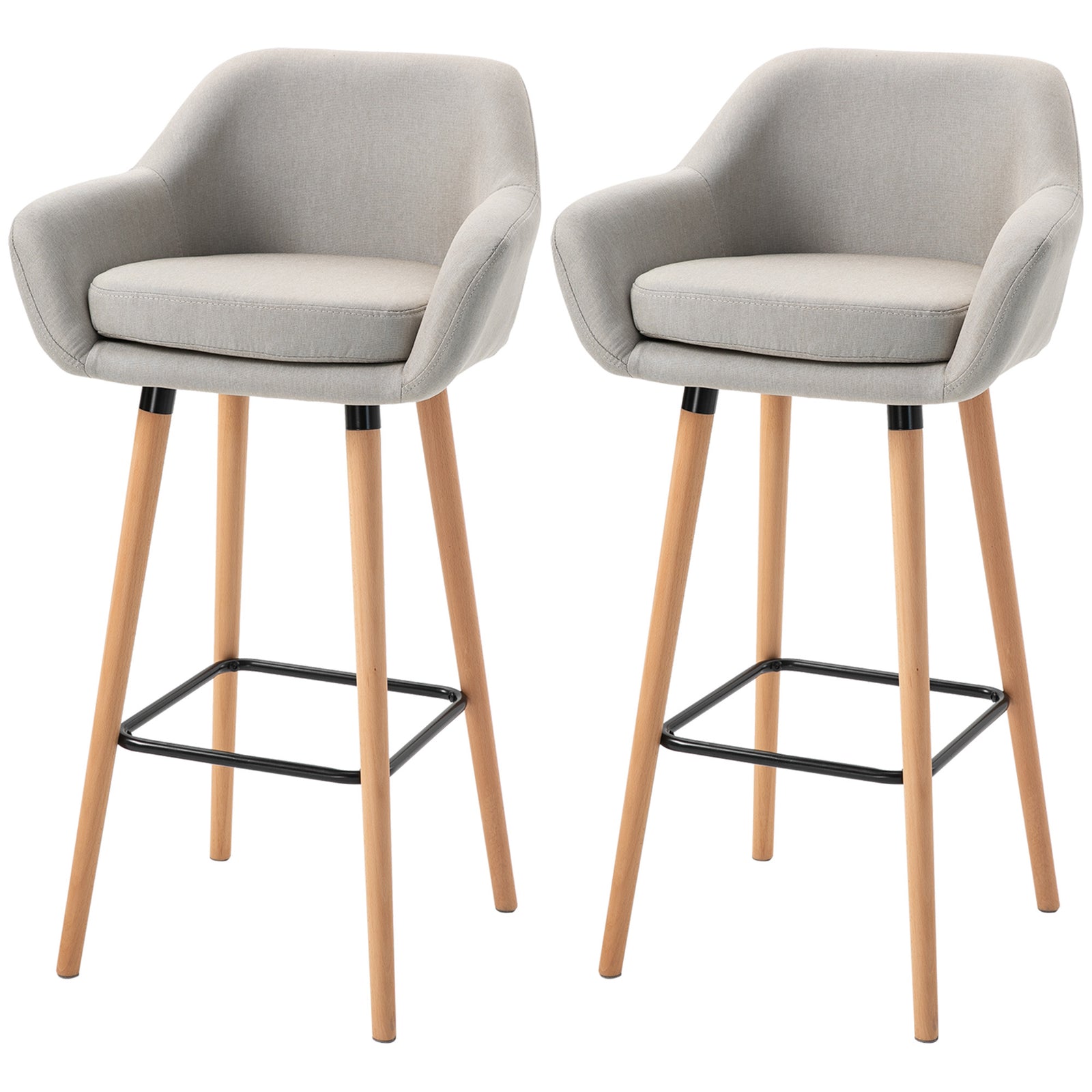 Upholstered Bucket Seat Bar Stools W/ Wood Legs | Beige