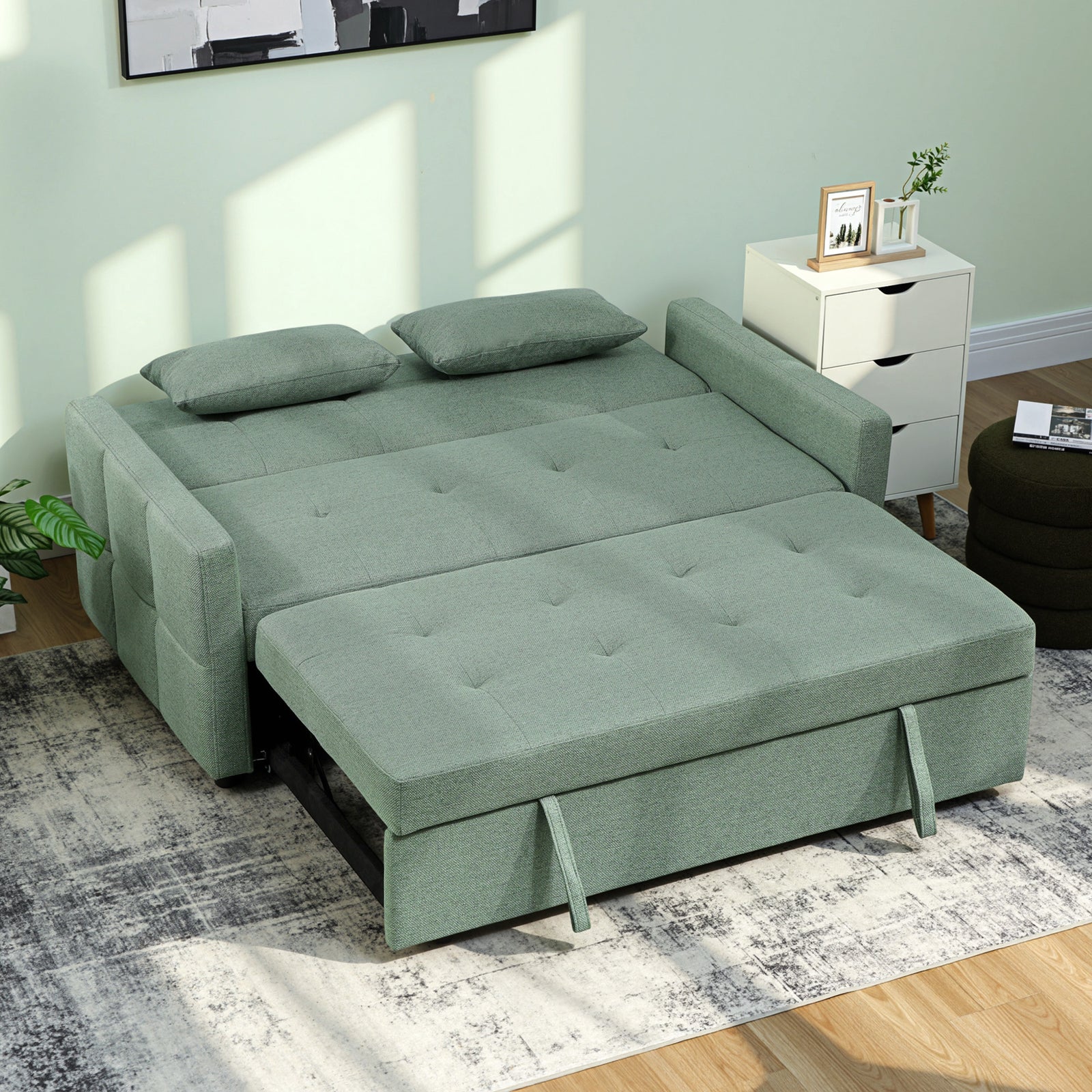 2 Seater Sofa Bed, Convertible Pull Out Bed Settee | Green