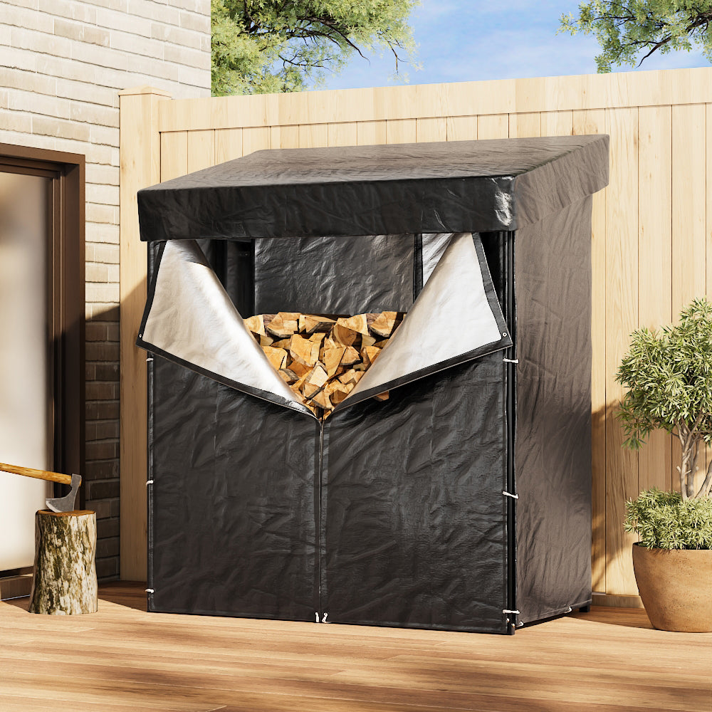 Metal Firewood Log Rack With Waterproof Cover | Medium | Black