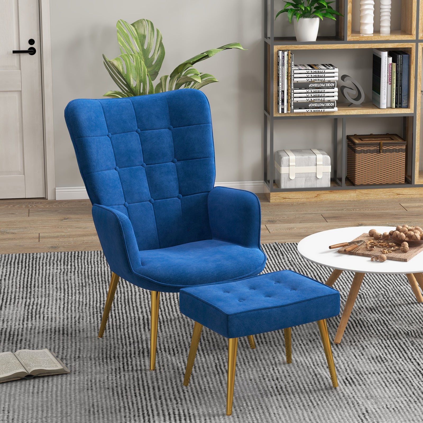 Button Tufted Armchair With Footstool Gold Tone Steel Legs | One Size | Blue