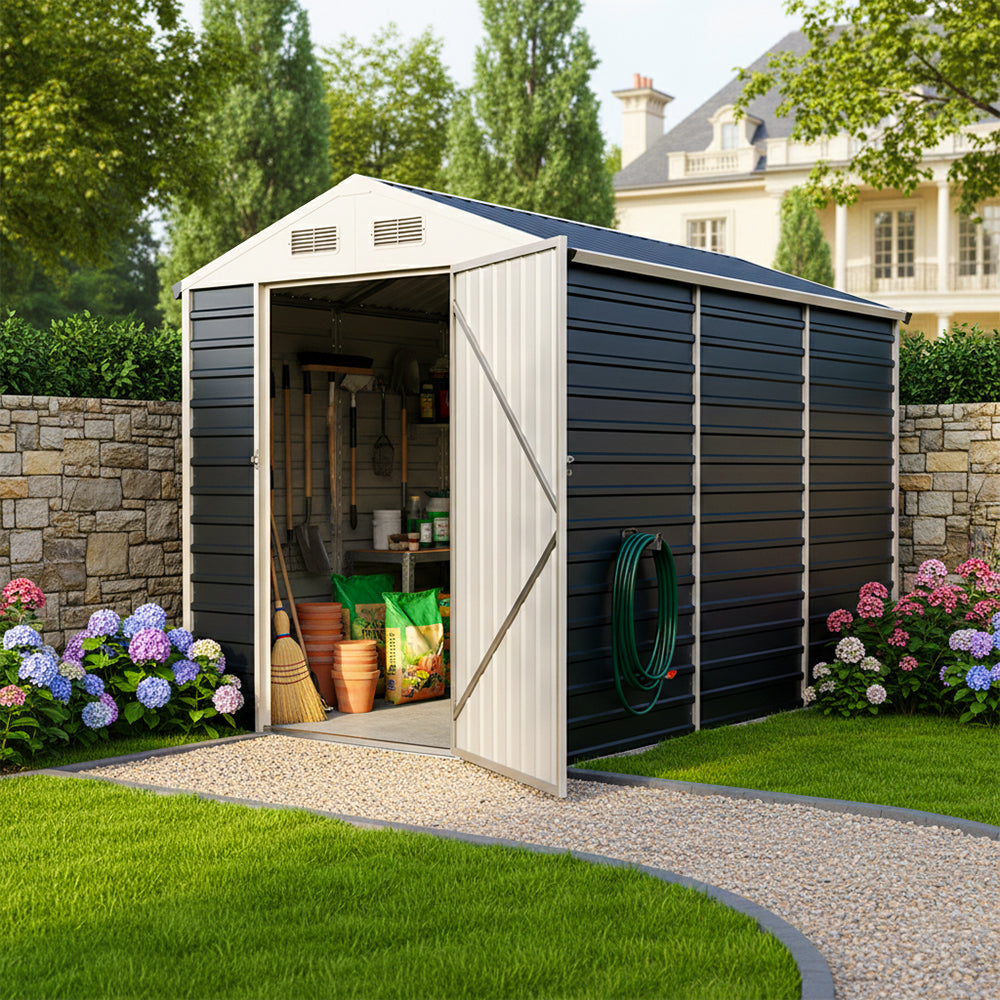 6x8 Ft Heavy-Duty Metal Apex Roof Garden Storage Shed – Durable Steel Frame, 4 Vents & Lockable Door Outdoor Tool House