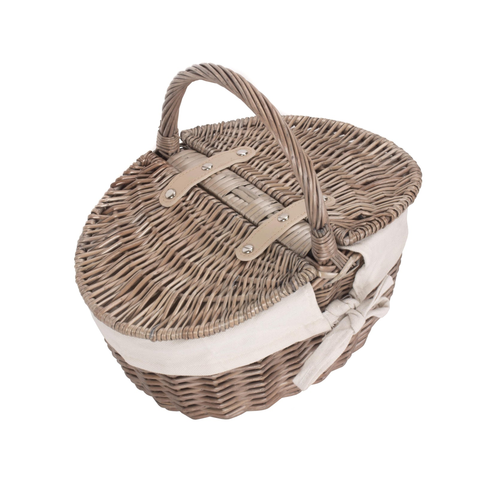 Wicker Small Antique Wash Double Lidded Oval Picnic Basket | White