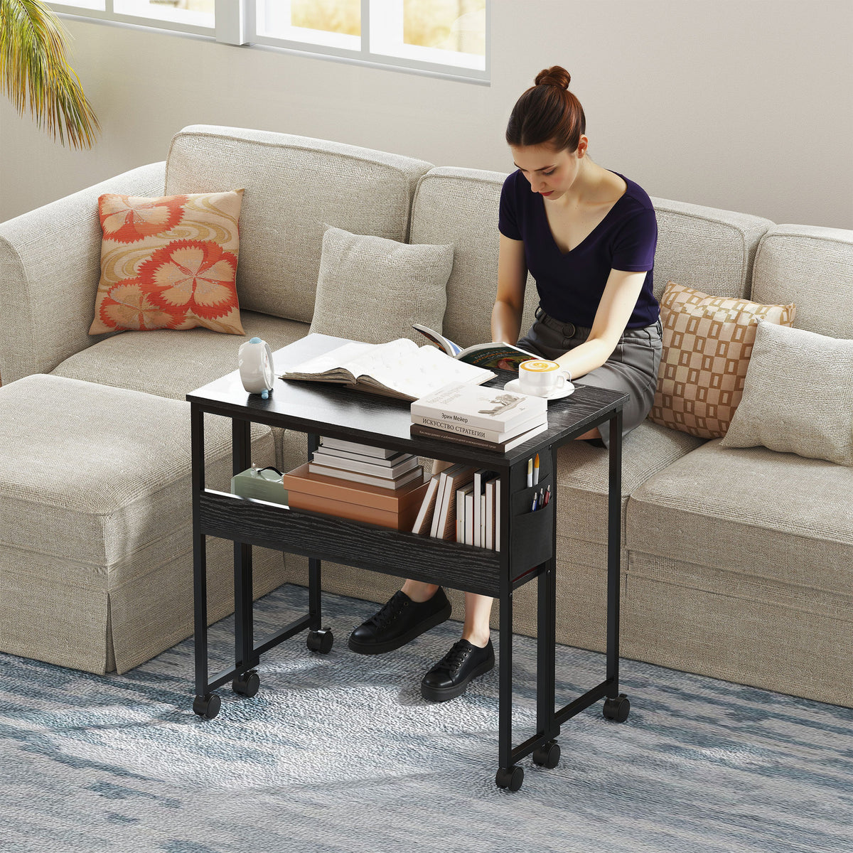 HOMCOM Foldable Computer Desk On Wheels For Small Spaces Black