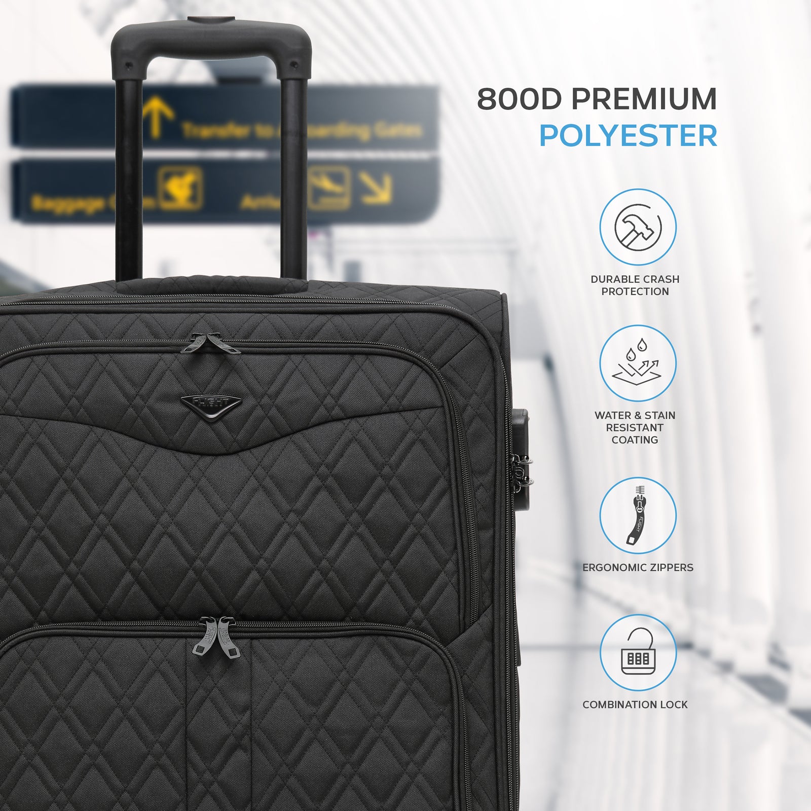Large  29.5" Lightweight 4 Wheel 800d Soft Case Quilted Suitcases Set Of 3 Anti Crack - Cabin & Hold Luggage 100+ Airlines Approved | Large | Black